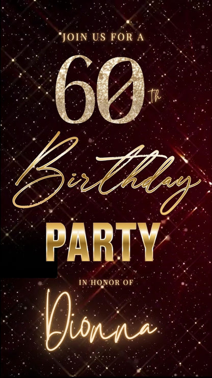 Editable maroon gold elegant 60th birthday birthday video invitation displayed on a mobile phone, featuring an animated vertical digital invite with music, created in Canva. This premium video invitation template is designed for sharing by text, email, and social media and works with an interactive RSVP website for easy guest response tracking.