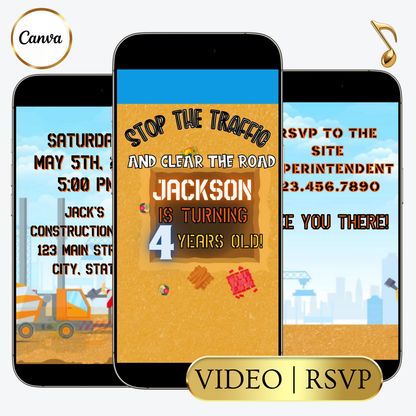 Editable construction theme 4th birthday video invitation displayed on a mobile phone, featuring an animated vertical digital invite with music, created in Canva. This premium video invitation template is designed for sharing by text, email, and social media and works with an interactive RSVP website for easy guest response tracking.