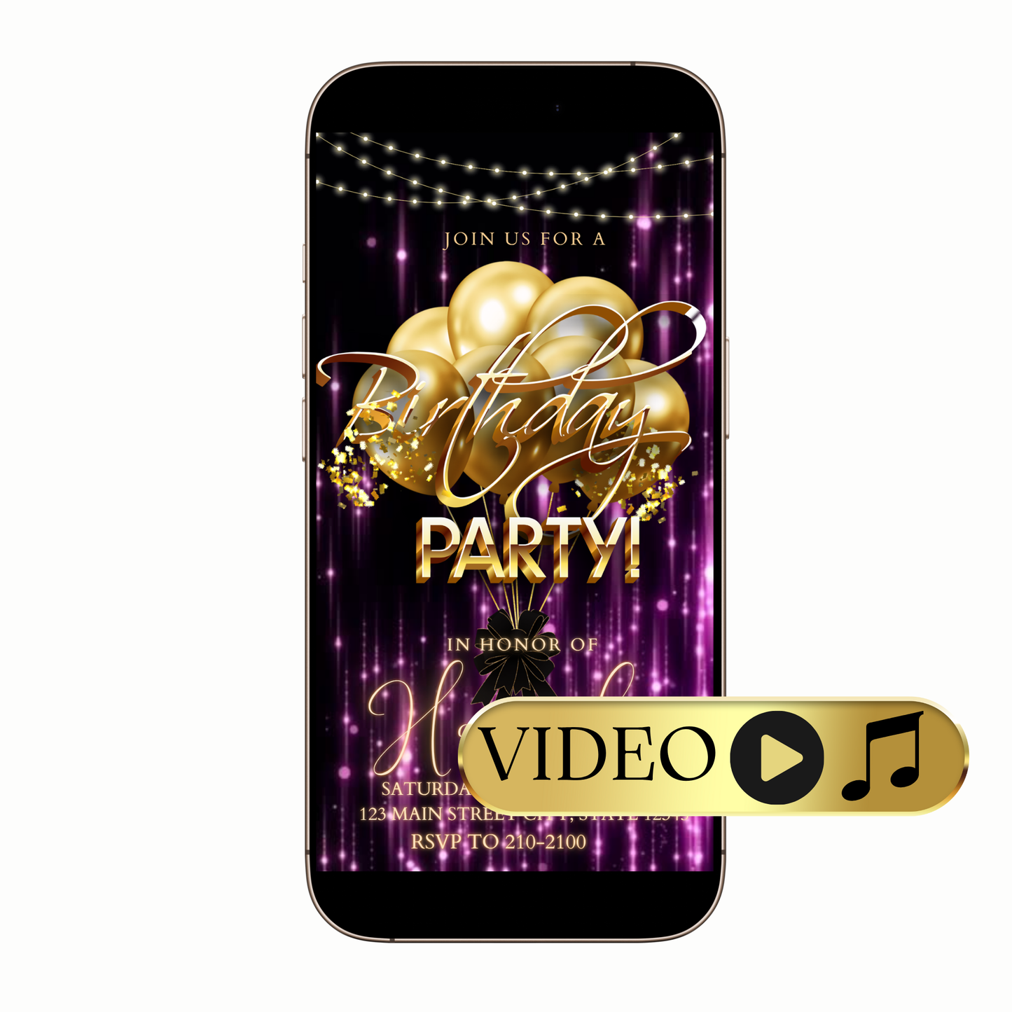 Editable Glam Purple and Gold Video Invitation Template