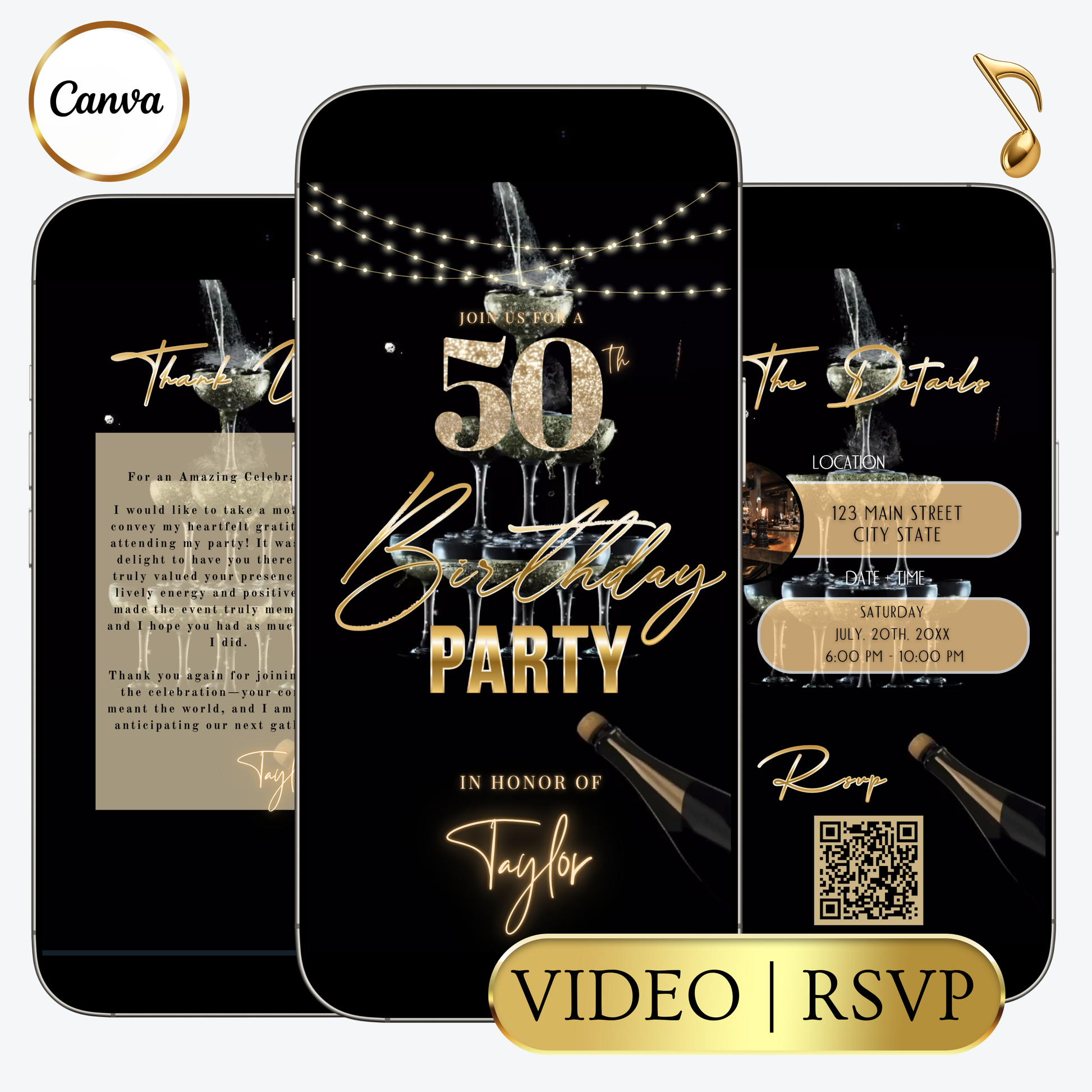 Editable black gold champagne tower 50th birthday video invitation displayed on a mobile phone, featuring an animated vertical digital invite with music, created in Canva. This premium video invitation template is designed for sharing by text, email, and social media and works with an interactive RSVP website for easy guest response tracking.