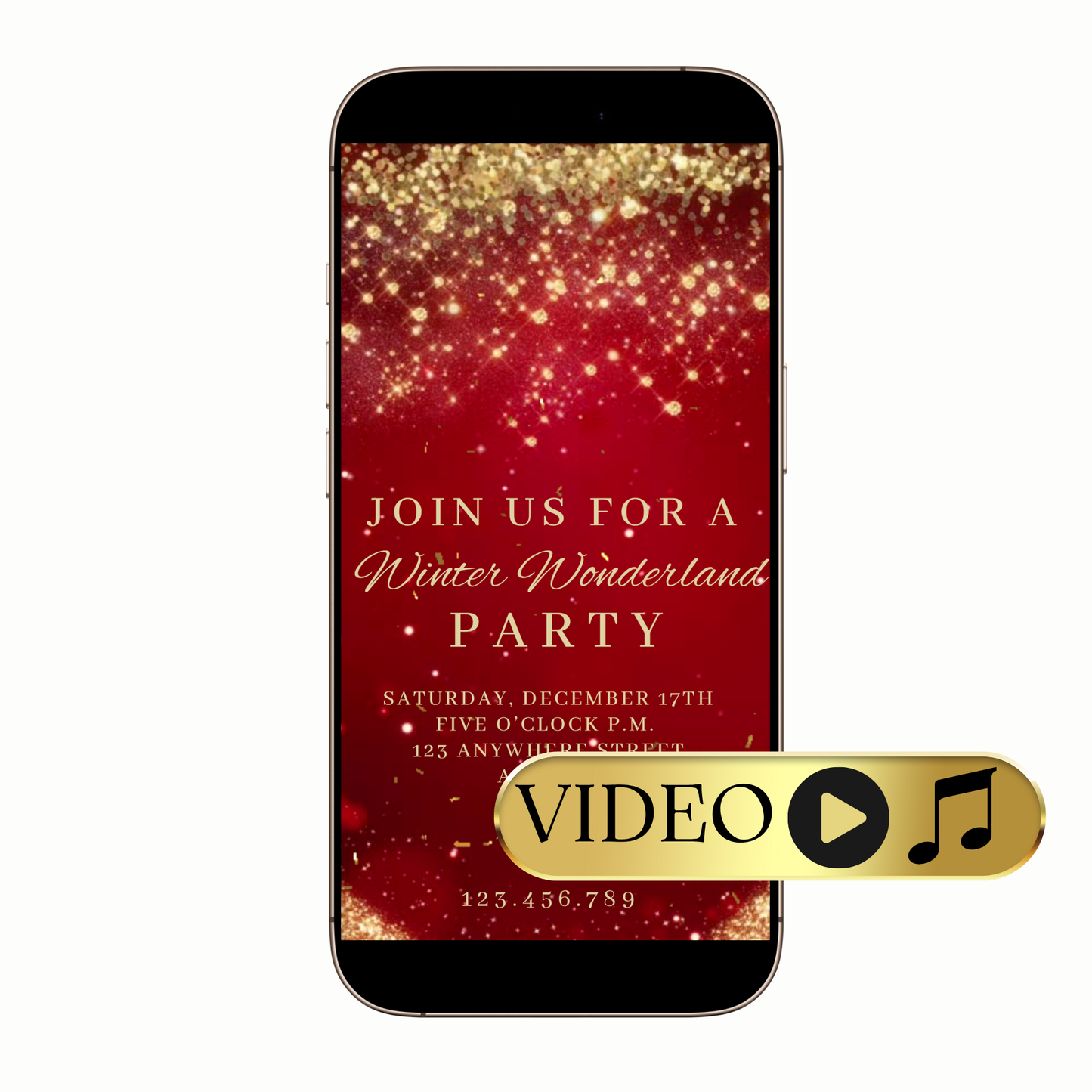 Digital red gold glitter winter wonderland video invitation