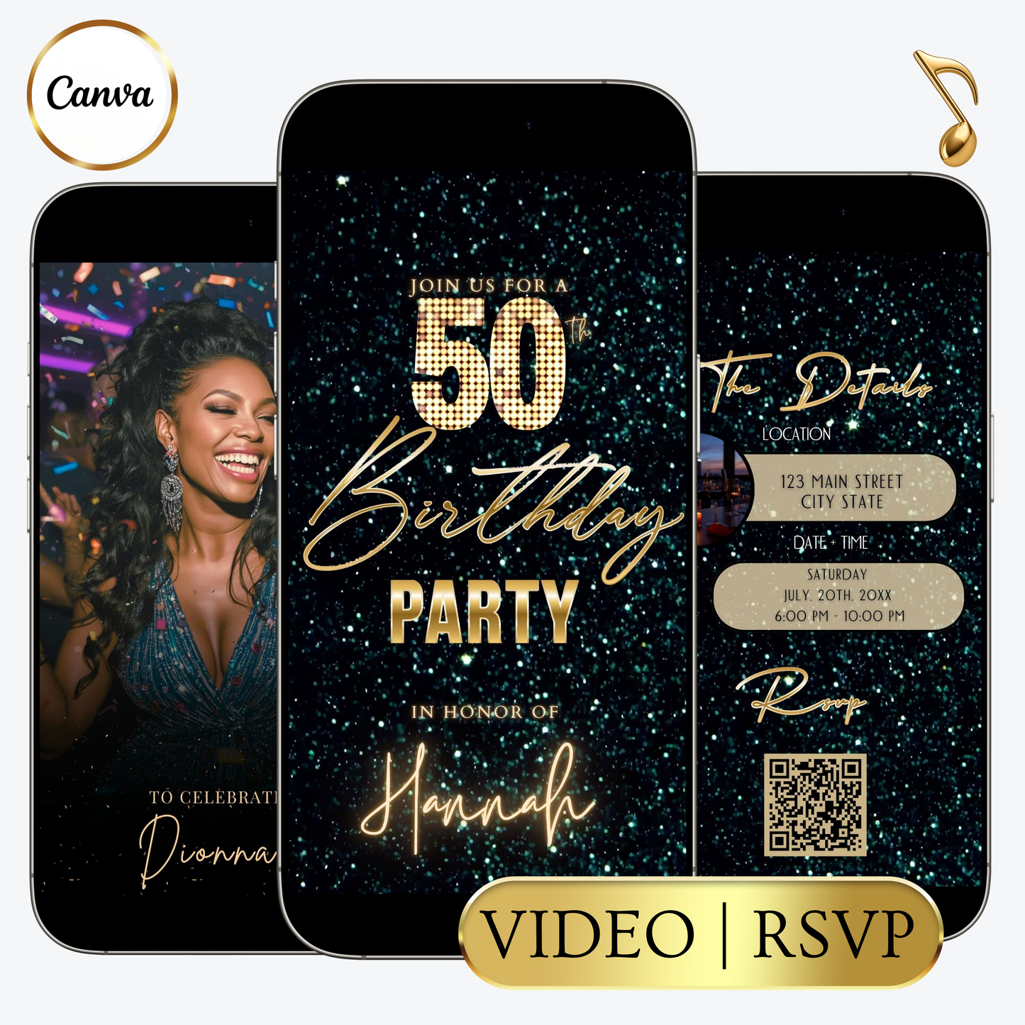 Editable teal green 50th birthday video invitation displayed on a mobile phone, featuring an animated vertical digital invite with music, created in Canva. This premium video invitation template is designed for sharing by text, email, and social media and works with an interactive RSVP website for easy guest response tracking.