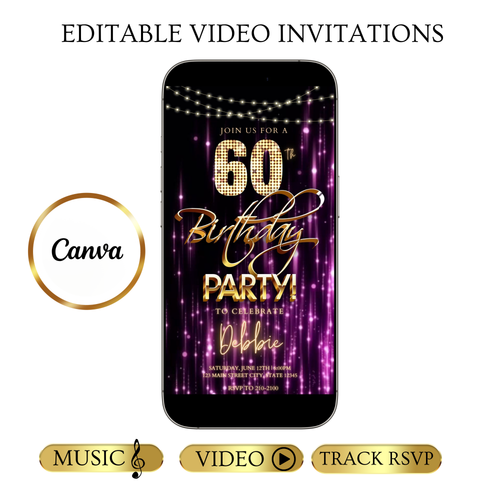 Editable purple gold glam 60th birthday birthday video invitation displayed on a mobile phone, featuring an animated vertical digital invite with music, created in Canva. This premium video invitation template is designed for sharing by text, email, and social media and works with an interactive RSVP website for easy guest response tracking.