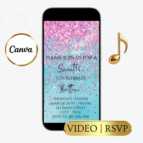 Editable pink and blue watercolor glitter sweet 16 birthday dinner video invitation displayed on a mobile phone, featuring an animated vertical digital invite with music, created in Canva. This premium video invitation template is designed for sharing by text, email, and social media and works with an interactive RSVP website for easy guest response tracking.