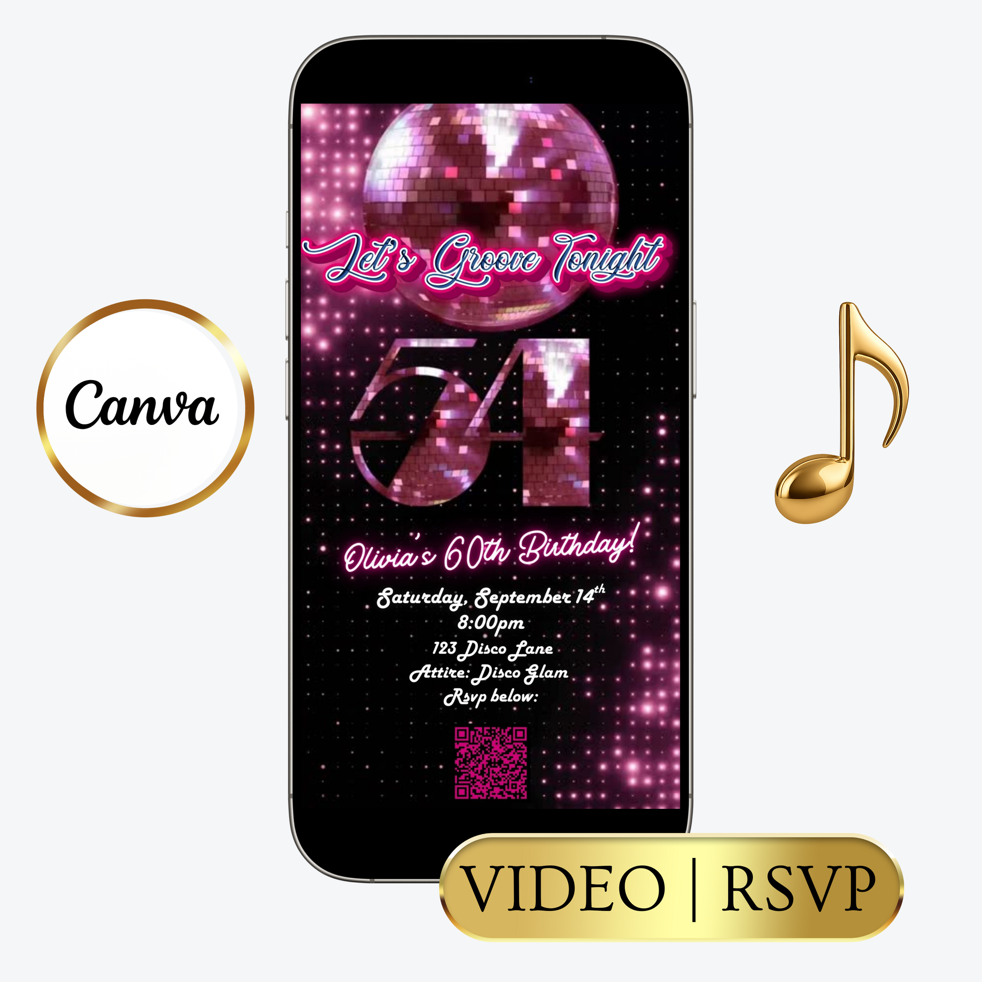 Editable pink disco studio 54th birthday video invitation displayed on a mobile phone, featuring an animated vertical digital invite with music, created in Canva. This premium video invitation template is designed for sharing by text, email, and social media and works with an interactive RSVP website for easy guest response tracking.