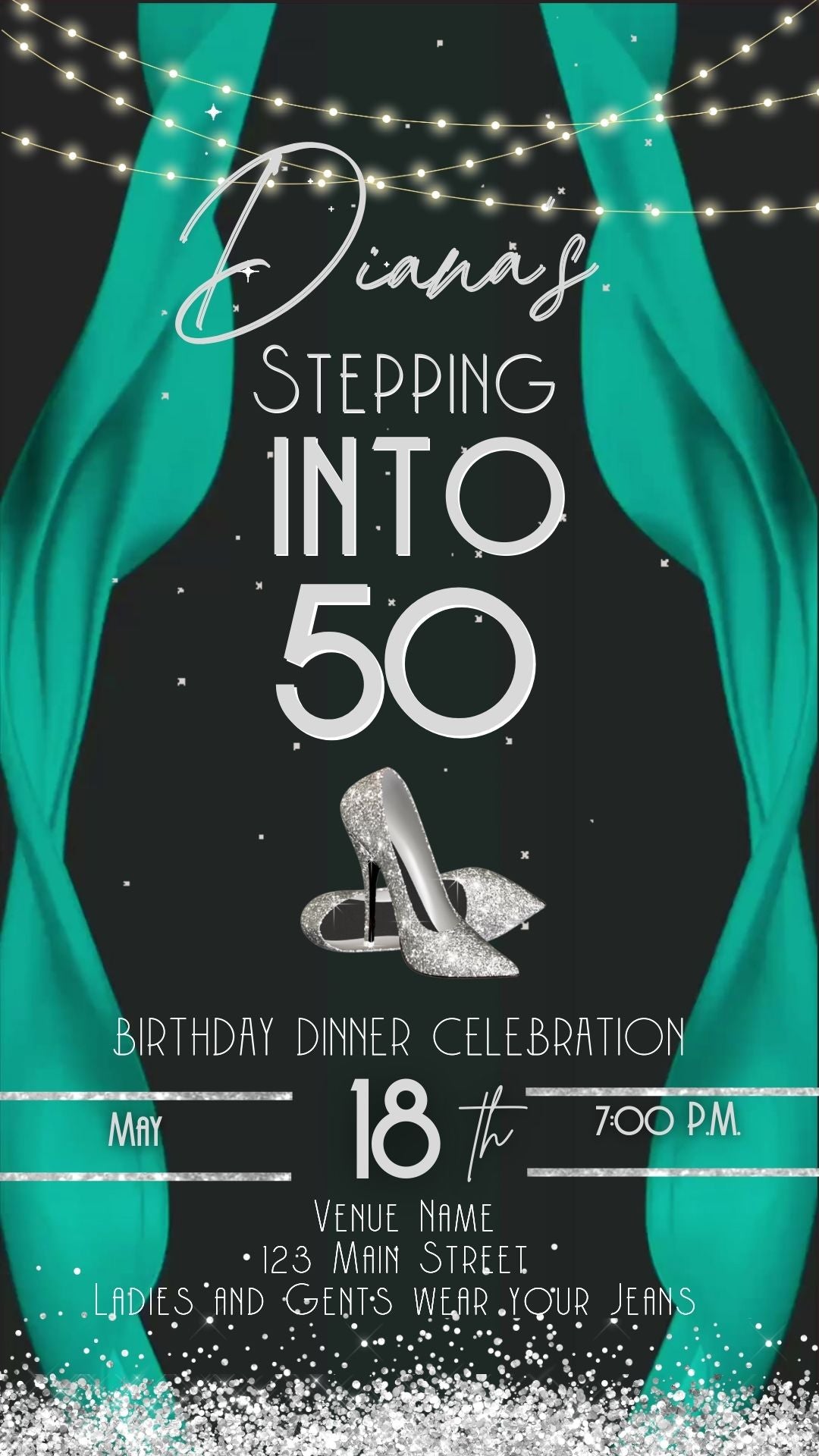 Editable teal red carpet 50th birthday video invitation displayed on a mobile phone, featuring an animated vertical digital invite with music, created in Canva. This premium video invitation template is designed for sharing by text, email, and social media and works with an interactive RSVP website for easy guest response tracking.