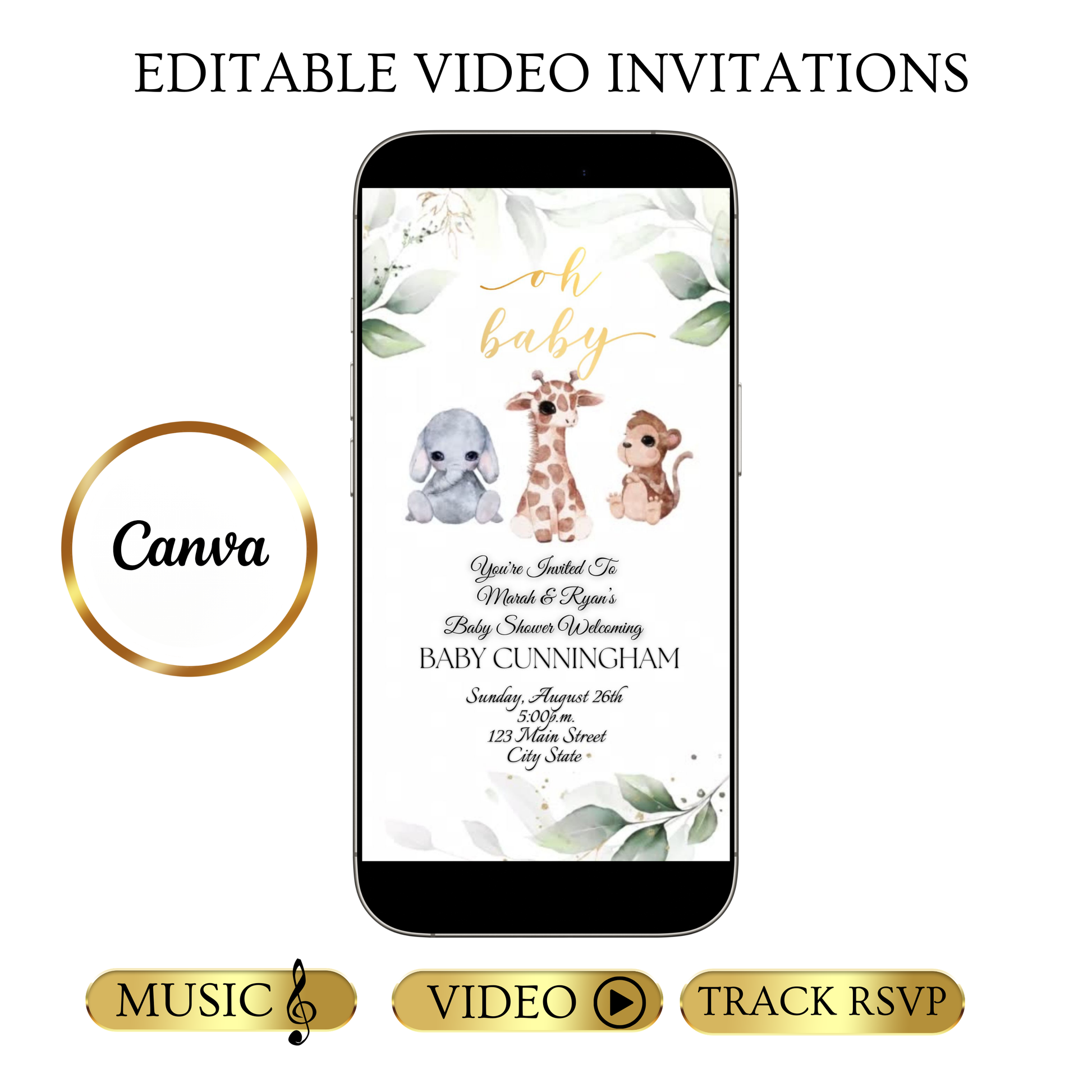 Editable safari baby shower baby shower video invitation displayed on a mobile phone, featuring an animated vertical digital invite with music, created in Canva. This premium video invitation template is designed for sharing by text, email, and social media and works with an interactive RSVP website for easy guest response tracking.