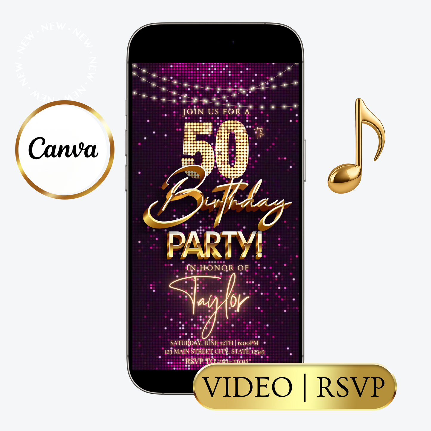 Editable pink gold sequin 50th birthday video invitation displayed on a mobile phone, featuring an animated vertical digital invite with music, created in Canva. This premium video invitation template is designed for sharing by text, email, and social media and works with an interactive RSVP website for easy guest response tracking.