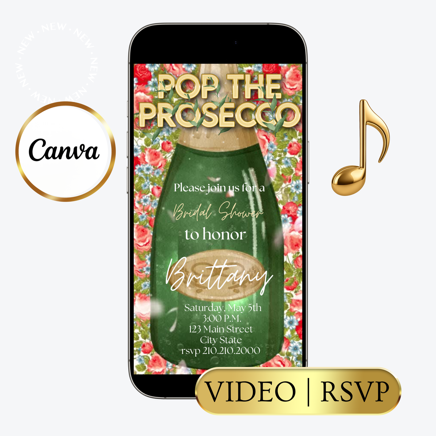 Editable green bottle floral pop the prosecco bridal shower video invitation displayed on a mobile phone, featuring an animated vertical digital invite with music, created in Canva. This premium video invitation template is designed for sharing by text, email, and social media and works with an interactive RSVP website for easy guest response tracking.