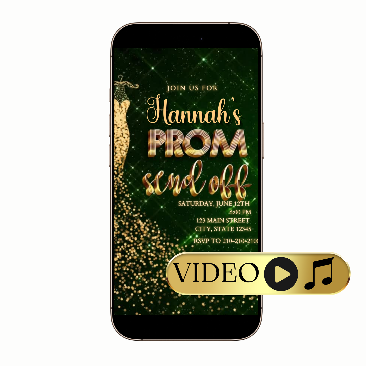 Digital green gold sequin prom send off video invitation