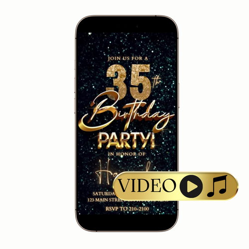 Digital teal gold glitter 35th milestone video invitation