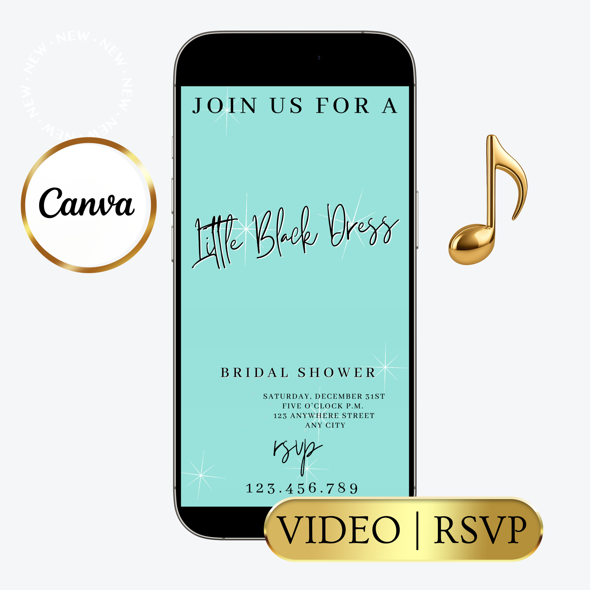 Editable tiffany blue little black dress bridal shower video invitation displayed on a mobile phone, featuring an animated vertical digital invite with music, created in Canva. This premium video invitation template is designed for sharing by text, email, and social media and works with an interactive RSVP website for easy guest response tracking.