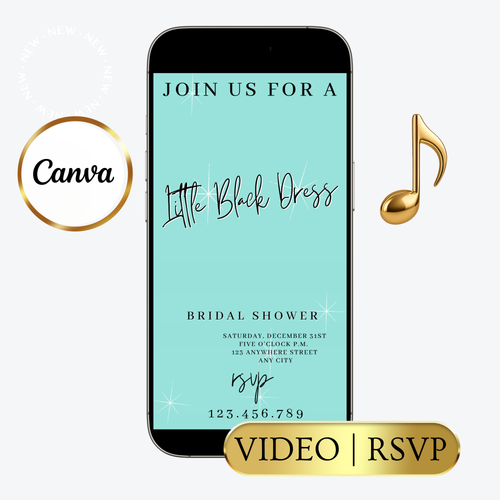 Editable tiffany blue little black dress bridal shower video invitation displayed on a mobile phone, featuring an animated vertical digital invite with music, created in Canva. This premium video invitation template is designed for sharing by text, email, and social media and works with an interactive RSVP website for easy guest response tracking.