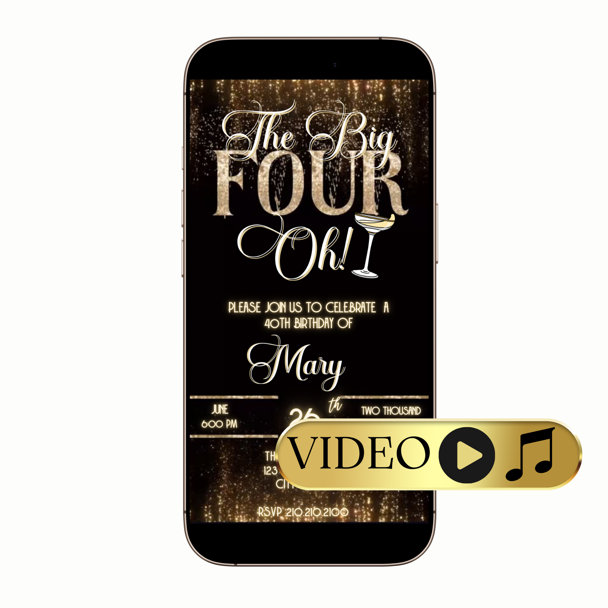 Editable Elegant Gold The Big Four-Oh 40th Birthday Video Invitation Template Template