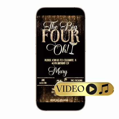 Editable Elegant Gold The Big Four-Oh 40th Birthday Video Invitation Template Template