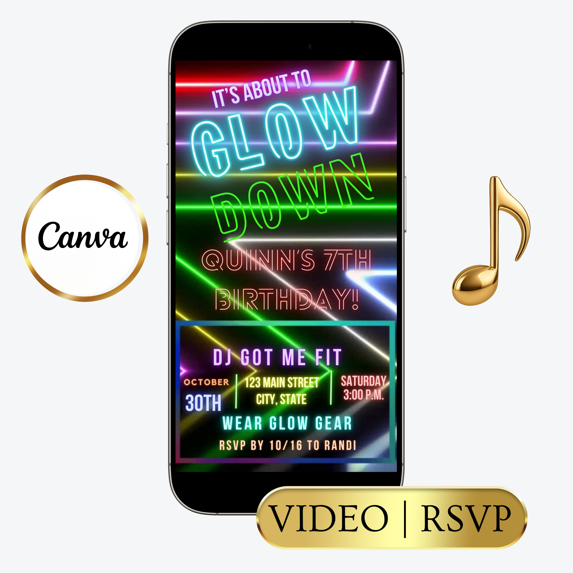 Editable neon glow birthday party video invitation displayed on a mobile phone, featuring an animated vertical digital invite with music, created in Canva. This premium video invitation template is designed for sharing by text, email, and social media and works with an interactive RSVP website for easy guest response tracking.