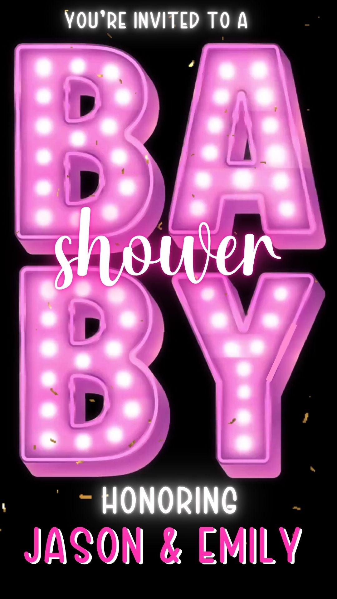 Editable pink neon baby shower baby shower video invitation displayed on a mobile phone, featuring an animated vertical digital invite with music, created in Canva. This premium video invitation template is designed for sharing by text, email, and social media and works with an interactive RSVP website for easy guest response tracking.