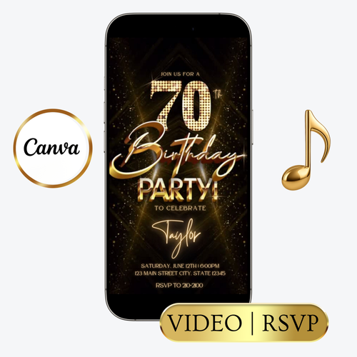 Editable gold glitter 70th birthday party video invitation displayed on a mobile phone, featuring an animated vertical digital invite with music, created in Canva. This premium video invitation template is designed for sharing by text, email, and social media and works with an interactive RSVP website for easy guest response tracking.