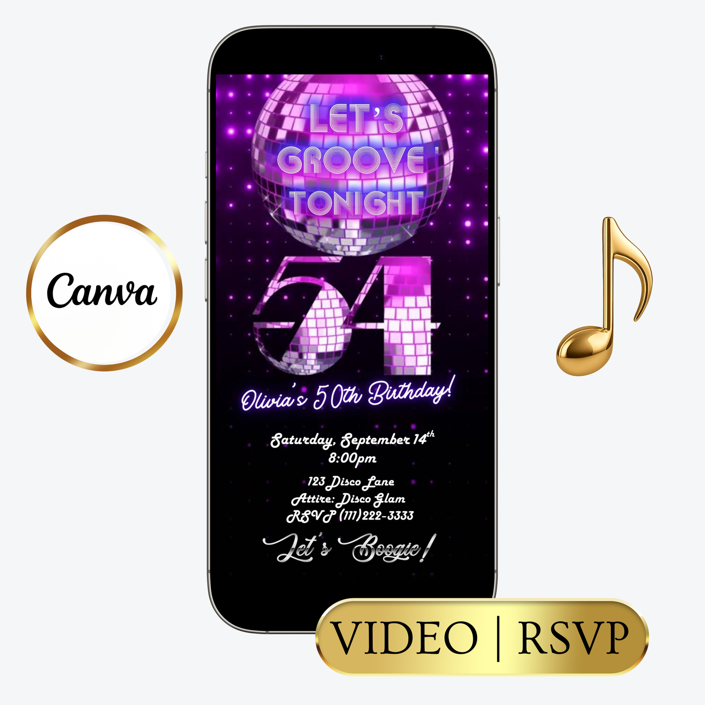 Editable purple disco 54th birthday video invitation displayed on a mobile phone, featuring an animated vertical digital invite with music, created in Canva. This premium video invitation template is designed for sharing by text, email, and social media and works with an interactive RSVP website for easy guest response tracking.