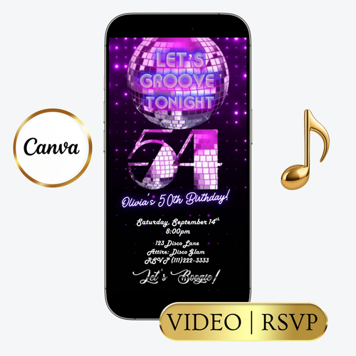 Editable purple disco 54th birthday video invitation displayed on a mobile phone, featuring an animated vertical digital invite with music, created in Canva. This premium video invitation template is designed for sharing by text, email, and social media and works with an interactive RSVP website for easy guest response tracking.