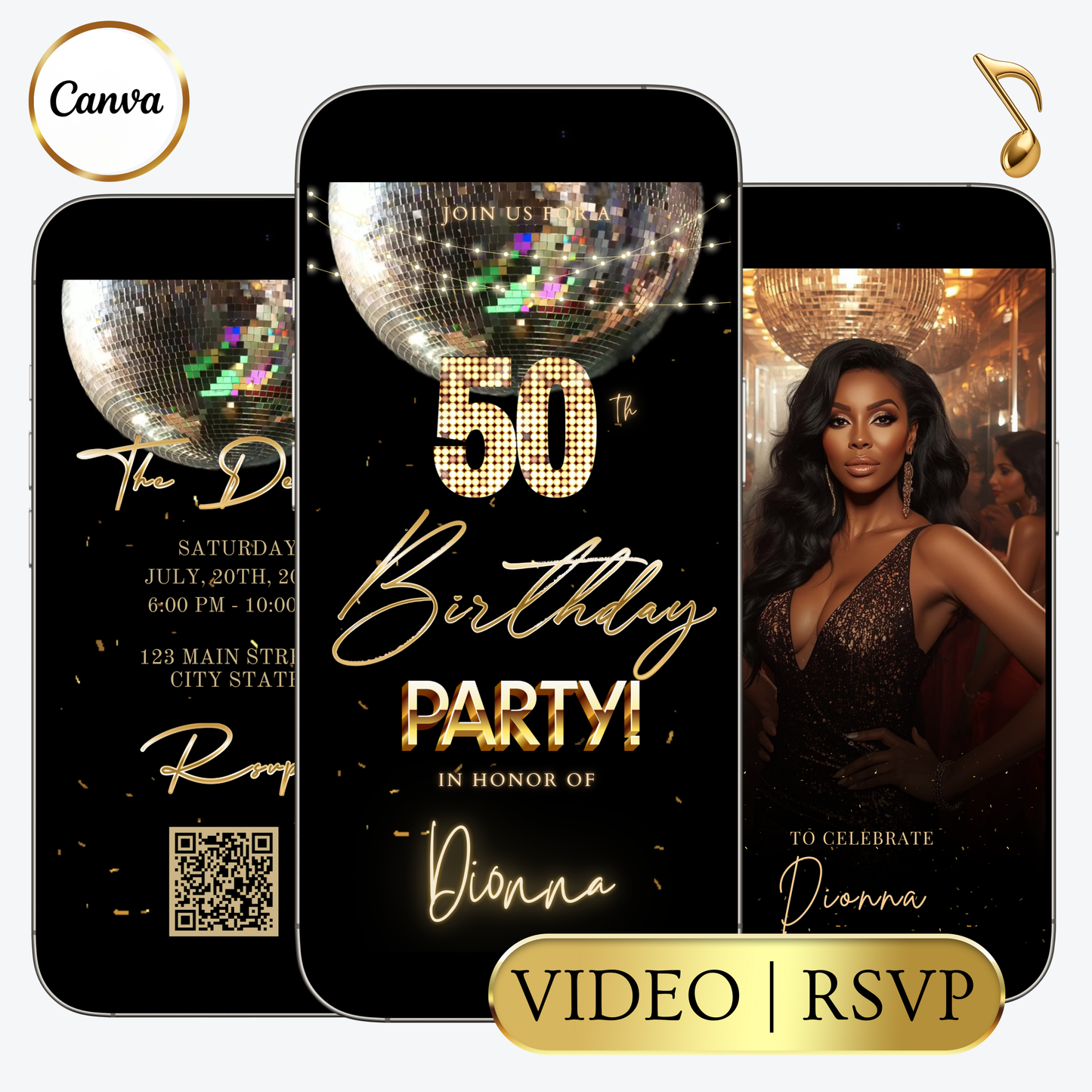 Editable silver disco ball 50th birthday video invitation displayed on a mobile phone, featuring an animated vertical digital invite with music, created in Canva. This premium video invitation template is designed for sharing by text, email, and social media and works with an interactive RSVP website for easy guest response tracking.