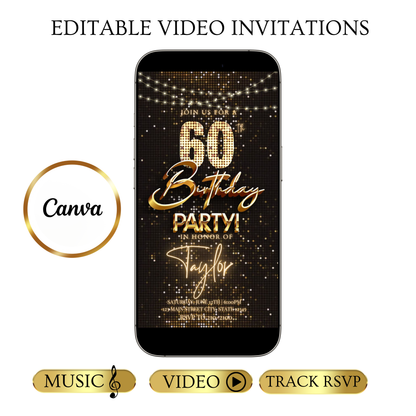 Editable gold party lights 60th birthday birthday video invitation displayed on a mobile phone, featuring an animated vertical digital invite with music, created in Canva. This premium video invitation template is designed for sharing by text, email, and social media and works with an interactive RSVP website for easy guest response tracking.