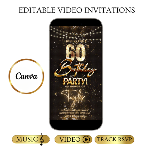 Editable gold party lights 60th birthday birthday video invitation displayed on a mobile phone, featuring an animated vertical digital invite with music, created in Canva. This premium video invitation template is designed for sharing by text, email, and social media and works with an interactive RSVP website for easy guest response tracking.