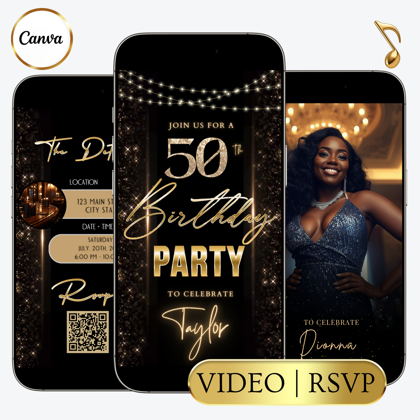 Editable black gold sparkle 50th birthday video invitation displayed on a mobile phone, featuring an animated vertical digital invite with music, created in Canva. This premium video invitation template is designed for sharing by text, email, and social media and works with an interactive RSVP website for easy guest response tracking.