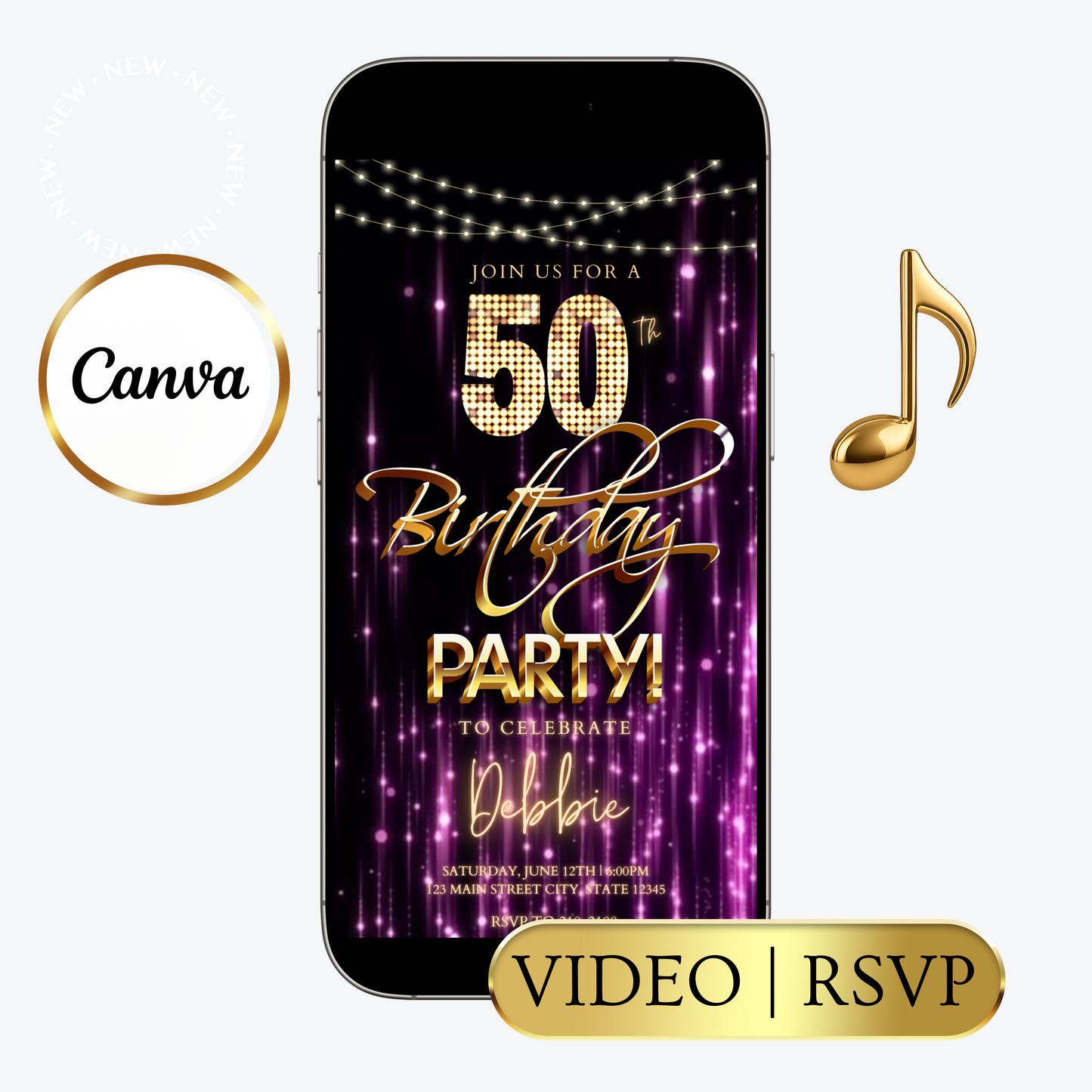 Editable purple gold glam 50th birthday party video invitation displayed on a mobile phone, featuring an animated vertical digital invite with music, created in Canva. This premium video invitation template is designed for sharing by text, email, and social media and works with an interactive RSVP website for easy guest response tracking.