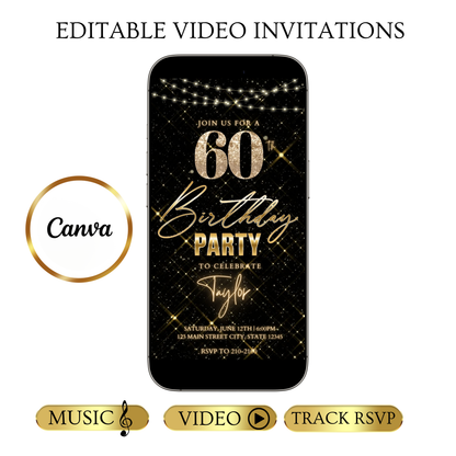 Editable gold sparkle grid 60th birthday birthday video invitation displayed on a mobile phone, featuring an animated vertical digital invite with music, created in Canva. This premium video invitation template is designed for sharing by text, email, and social media and works with an interactive RSVP website for easy guest response tracking.