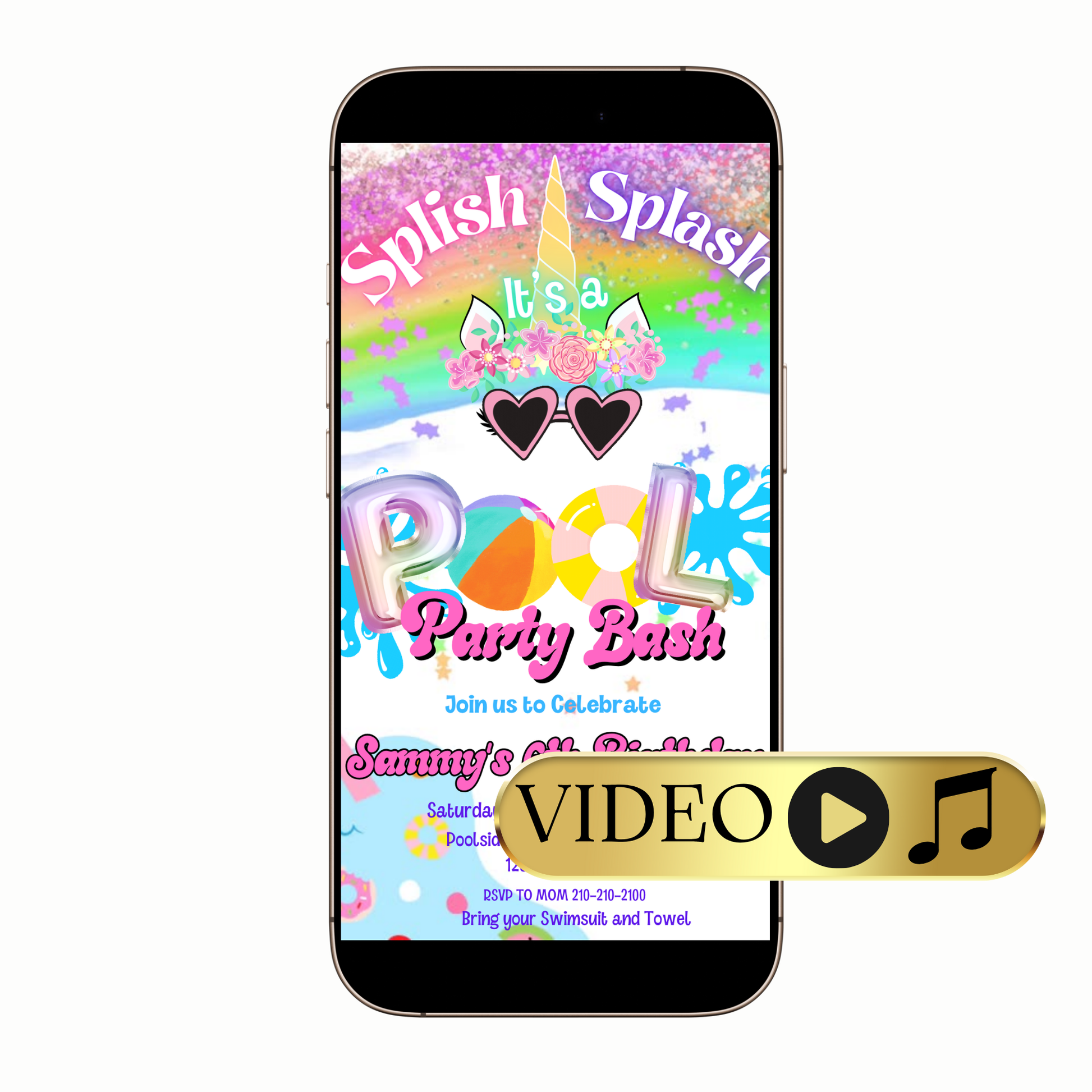 Digital Magical Unicorn Pool Party Bash Video Invitation MP4 Invite