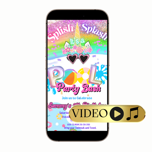 Digital Magical Unicorn Pool Party Bash Video Invitation MP4 Invite