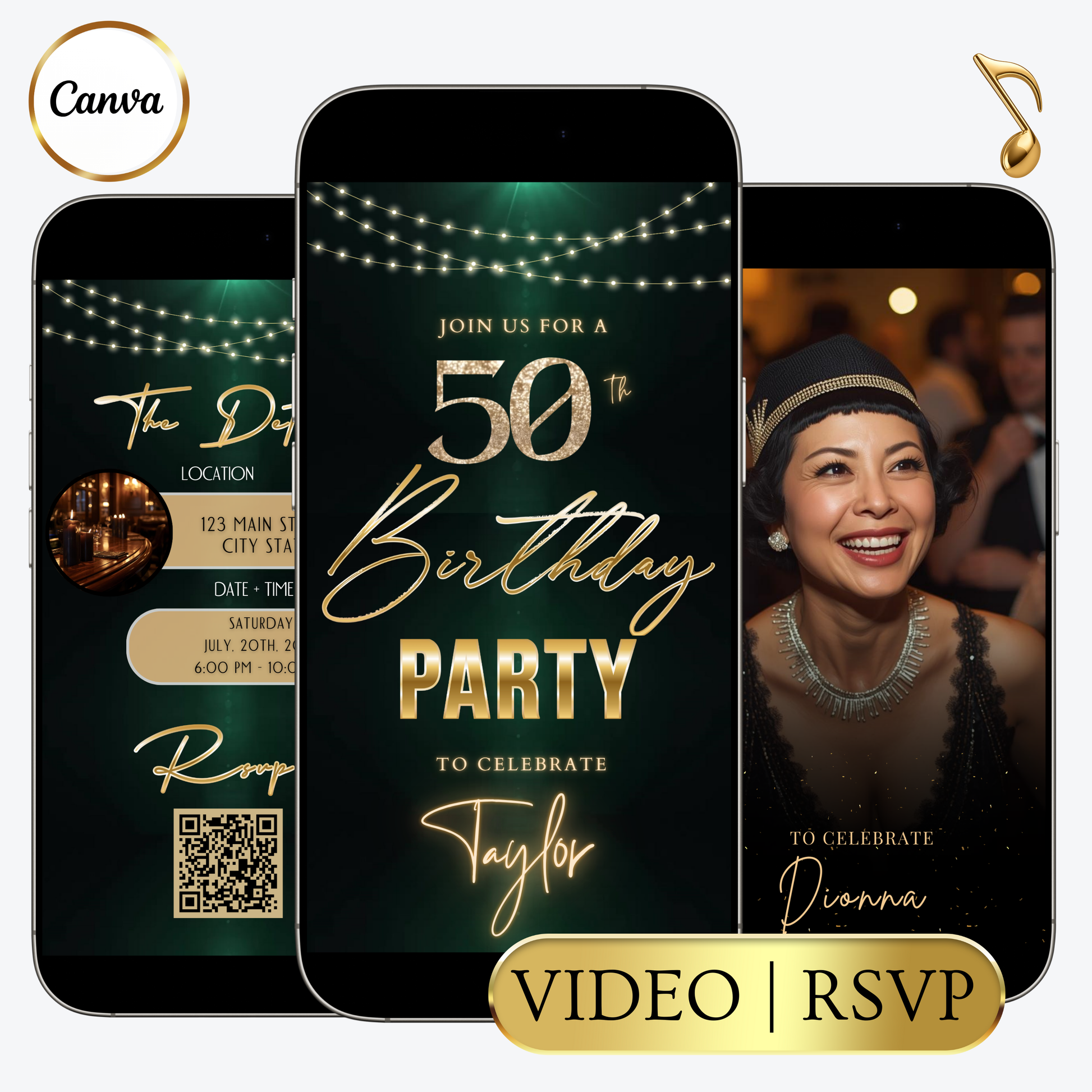 Editable dark green gold string lights 50th birthday video invitation displayed on a mobile phone, featuring an animated vertical digital invite with music, created in Canva. This premium video invitation template is designed for sharing by text, email, and social media and works with an interactive RSVP website for easy guest response tracking.