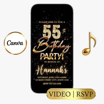 Editable gold fireworks 55th birthday video invitation displayed on a mobile phone, featuring an animated vertical digital invite with music, created in Canva. This premium video invitation template is designed for sharing by text, email, and social media and works with an interactive RSVP website for easy guest response tracking.