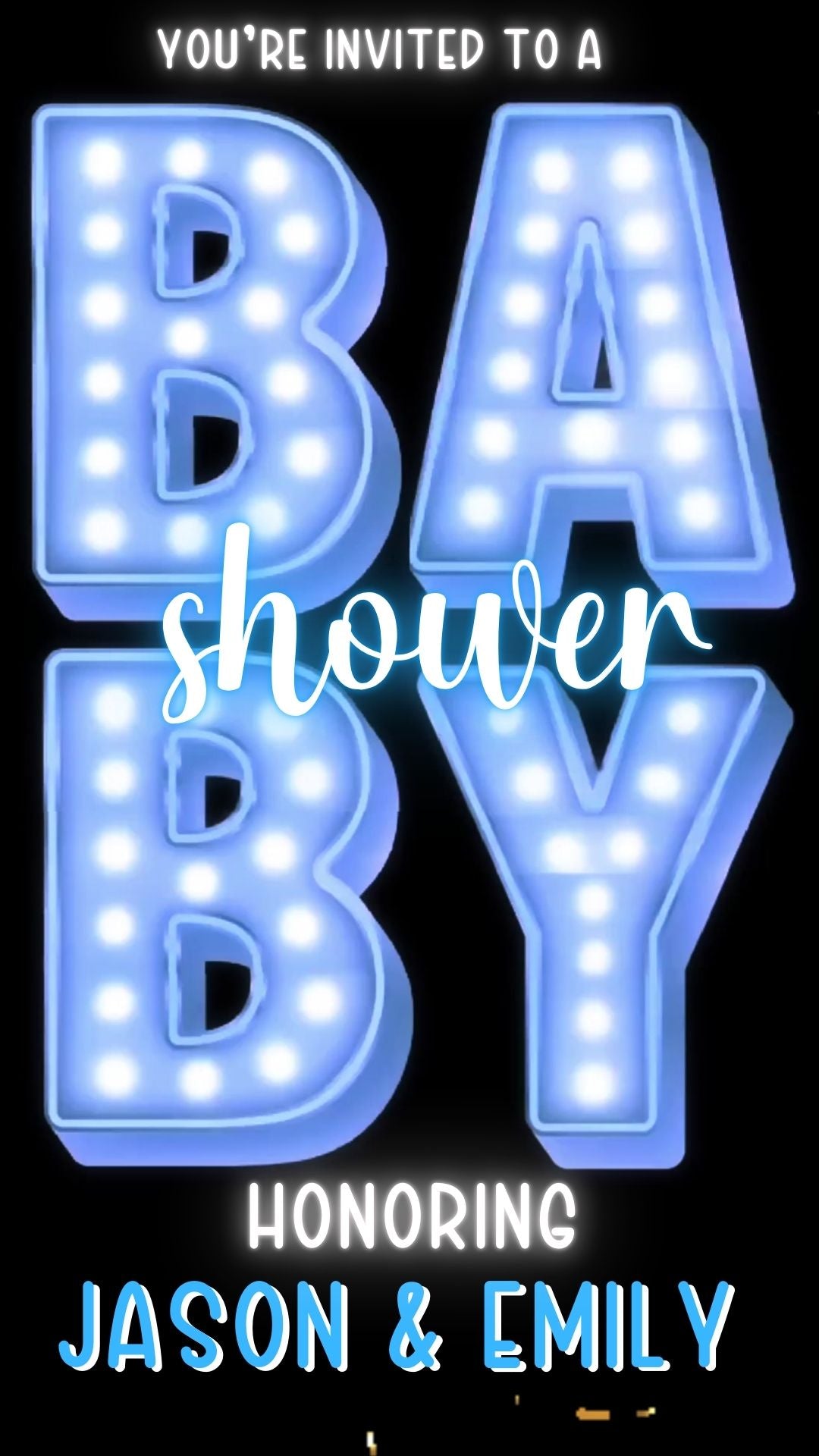 Editable blue marquee boy baby shower baby shower video invitation displayed on a mobile phone, featuring an animated vertical digital invite with music, created in Canva. This premium video invitation template is designed for sharing by text, email, and social media and works with an interactive RSVP website for easy guest response tracking.