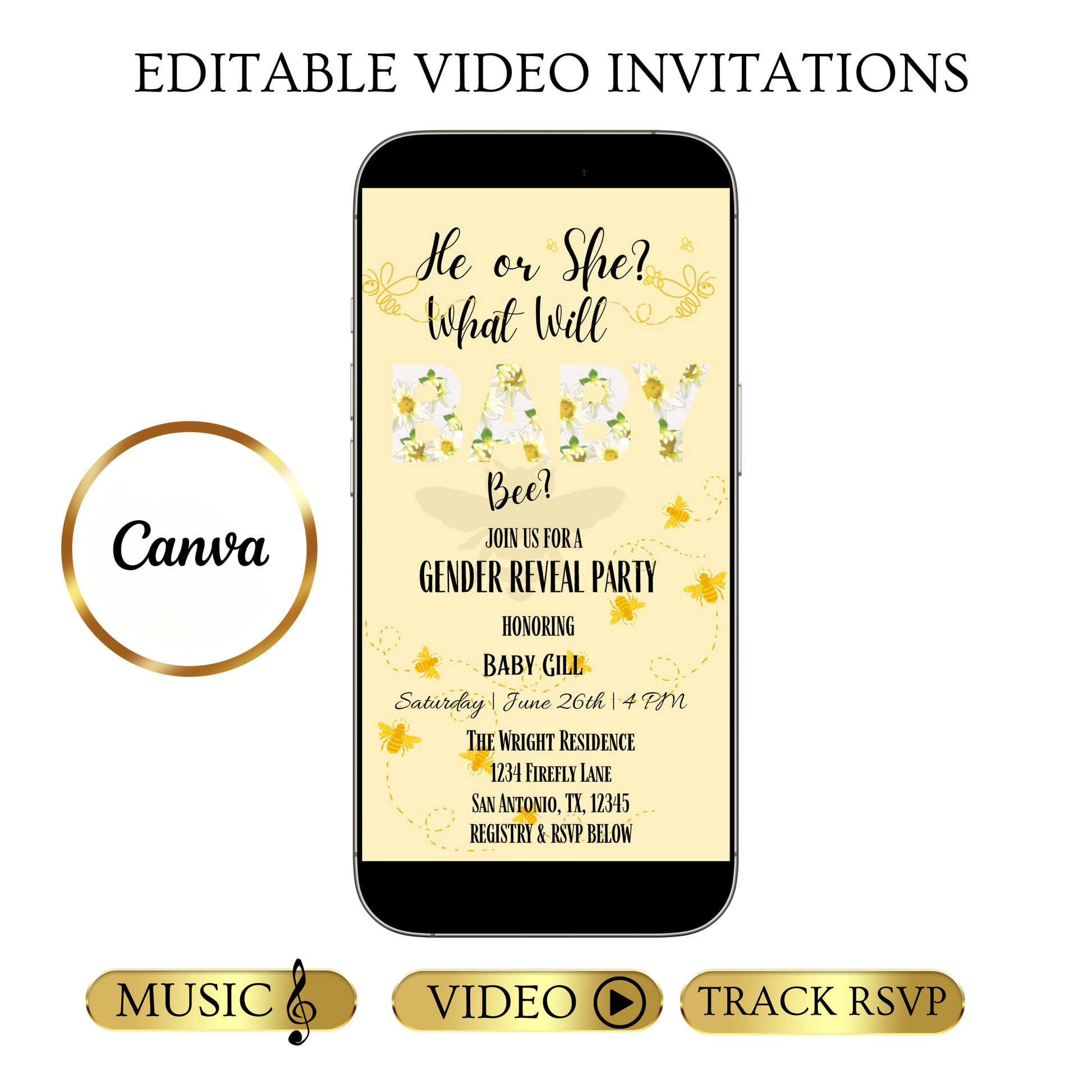 Editable bee gender reveal party party video invitation displayed on a mobile phone, featuring an animated vertical digital invite with music, created in Canva. This premium video invitation template is designed for sharing by text, email, and social media and works with an interactive RSVP website for easy guest response tracking.