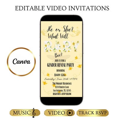 Editable bee gender reveal party party video invitation displayed on a mobile phone, featuring an animated vertical digital invite with music, created in Canva. This premium video invitation template is designed for sharing by text, email, and social media and works with an interactive RSVP website for easy guest response tracking.