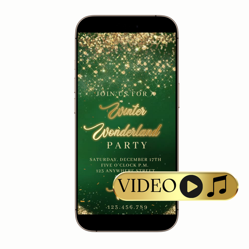 Elegant emerald and gold holiday party video invitation design