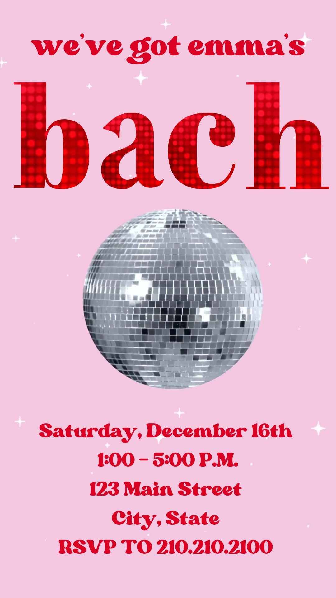 Editable disco bachelorette party party video invitation displayed on a mobile phone, featuring an animated vertical digital invite with music, created in Canva. This premium video invitation template is designed for sharing by text, email, and social media and works with an interactive RSVP website for easy guest response tracking.