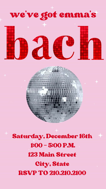 Editable disco bachelorette party party video invitation displayed on a mobile phone, featuring an animated vertical digital invite with music, created in Canva. This premium video invitation template is designed for sharing by text, email, and social media and works with an interactive RSVP website for easy guest response tracking.