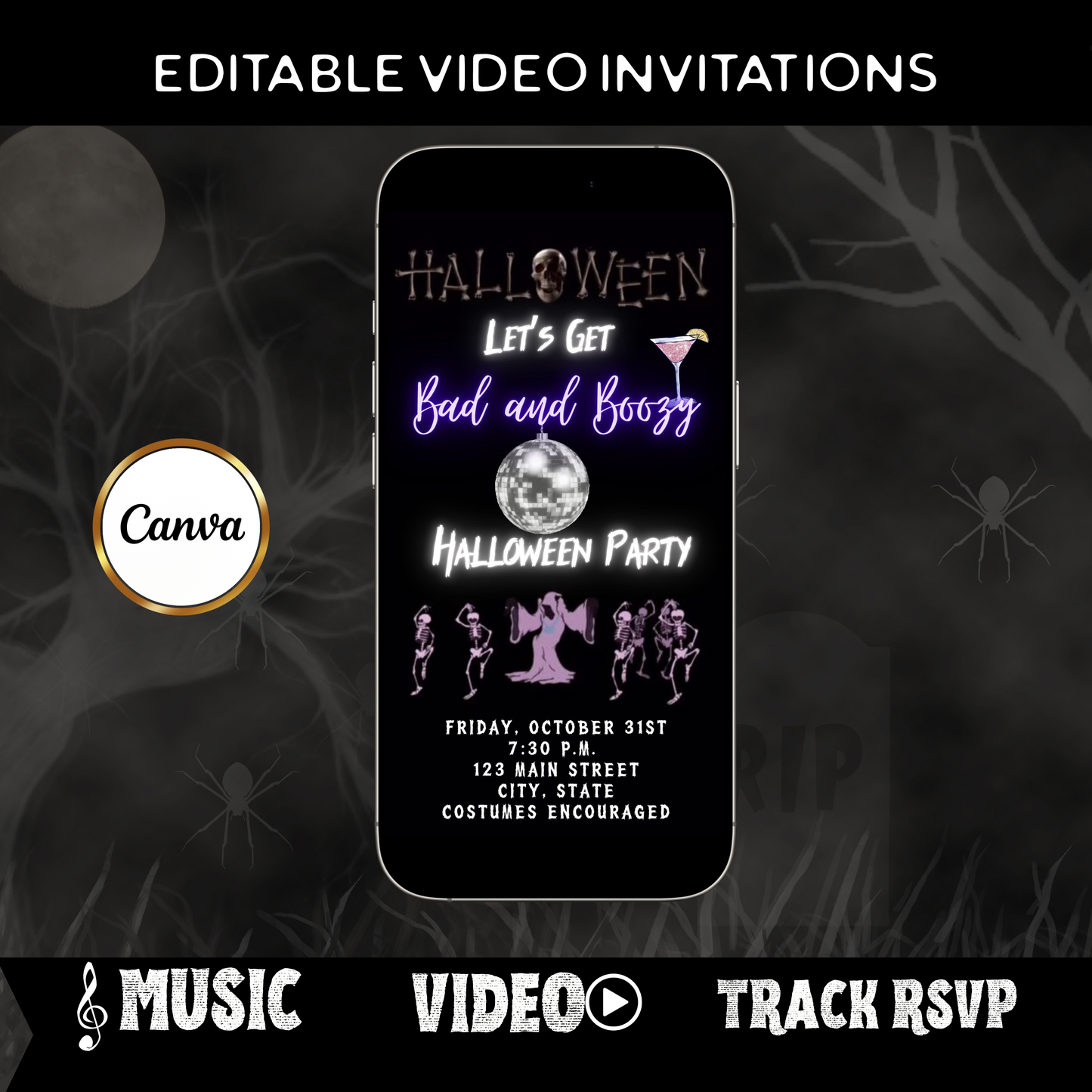 Editable neon boozy halloween party party video invitation displayed on a mobile phone, featuring an animated vertical digital invite with music, created in Canva. This premium video invitation template is designed for sharing by text, email, and social media and works with an interactive RSVP website for easy guest response tracking.