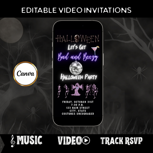 Editable neon boozy halloween party party video invitation displayed on a mobile phone, featuring an animated vertical digital invite with music, created in Canva. This premium video invitation template is designed for sharing by text, email, and social media and works with an interactive RSVP website for easy guest response tracking.