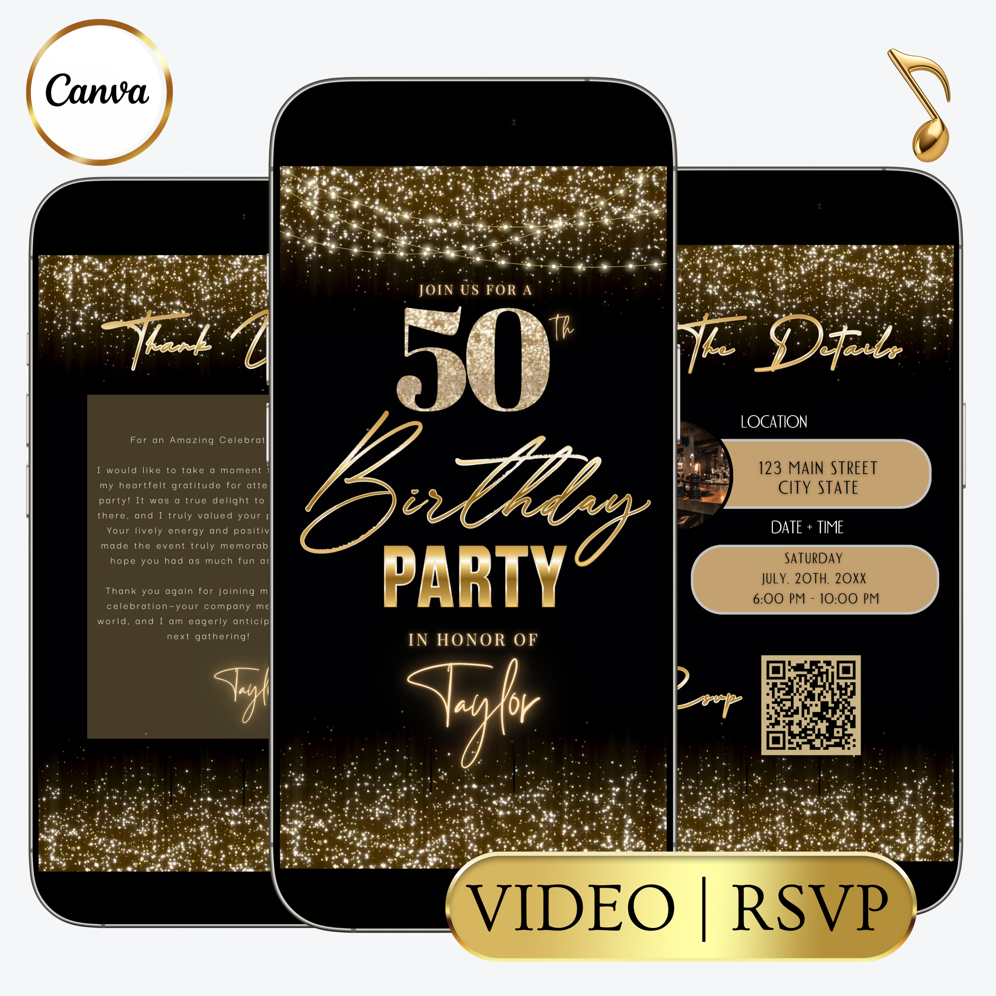 Editable black gold string lights 50th birthday video invitation displayed on a mobile phone, featuring an animated vertical digital invite with music, created in Canva. This premium video invitation template is designed for sharing by text, email, and social media and works with an interactive RSVP website for easy guest response tracking.