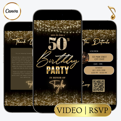 Editable black gold string lights 50th birthday video invitation displayed on a mobile phone, featuring an animated vertical digital invite with music, created in Canva. This premium video invitation template is designed for sharing by text, email, and social media and works with an interactive RSVP website for easy guest response tracking.