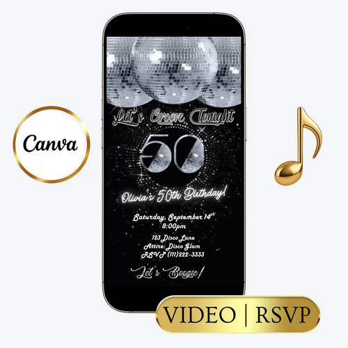 Editable disco silver 50th birthday video invitation displayed on a mobile phone, featuring an animated vertical digital invite with music, created in Canva. This premium video invitation template is designed for sharing by text, email, and social media and works with an interactive RSVP website for easy guest response tracking.