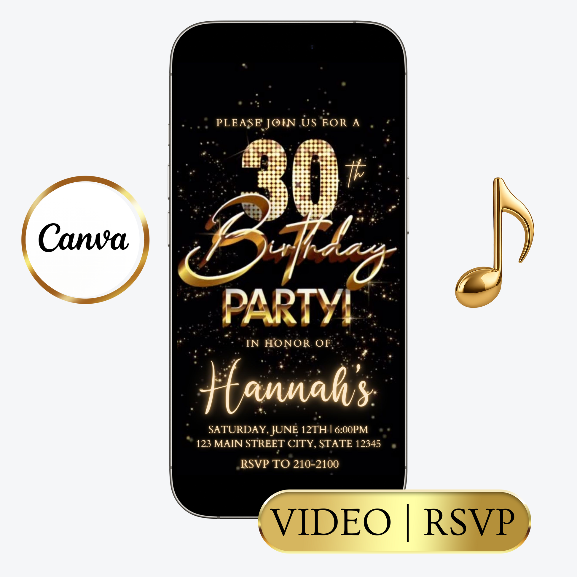 Editable black gold fireworks 30th birthday video invitation displayed on a mobile phone, featuring an animated vertical digital invite with music, created in Canva. This premium video invitation template is designed for sharing by text, email, and social media and works with an interactive RSVP website for easy guest response tracking.