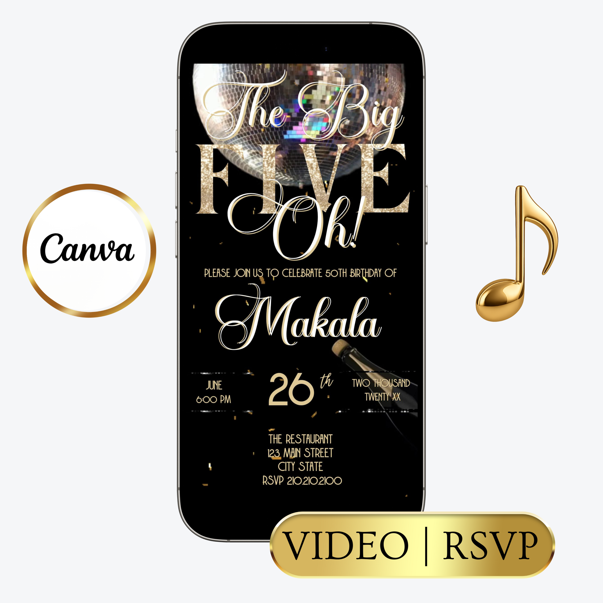 Editable black gold champagne 50th birthday video invitation displayed on a mobile phone, featuring an animated vertical digital invite with music, created in Canva. This premium video invitation template is designed for sharing by text, email, and social media and works with an interactive RSVP website for easy guest response tracking.