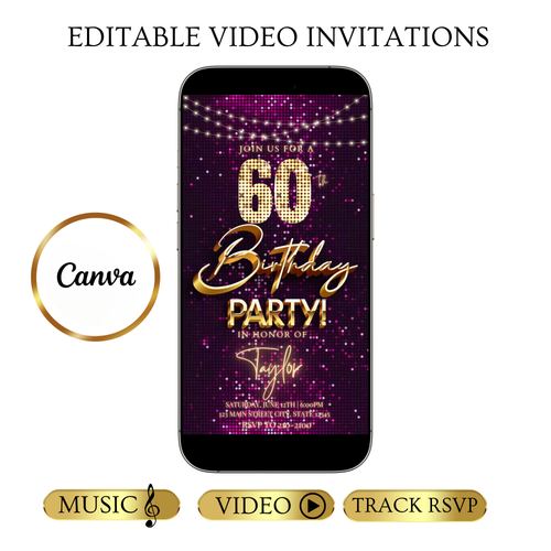 Editable violet gold sequin 60th birthday birthday video invitation displayed on a mobile phone, featuring an animated vertical digital invite with music, created in Canva. This premium video invitation template is designed for sharing by text, email, and social media and works with an interactive RSVP website for easy guest response tracking.