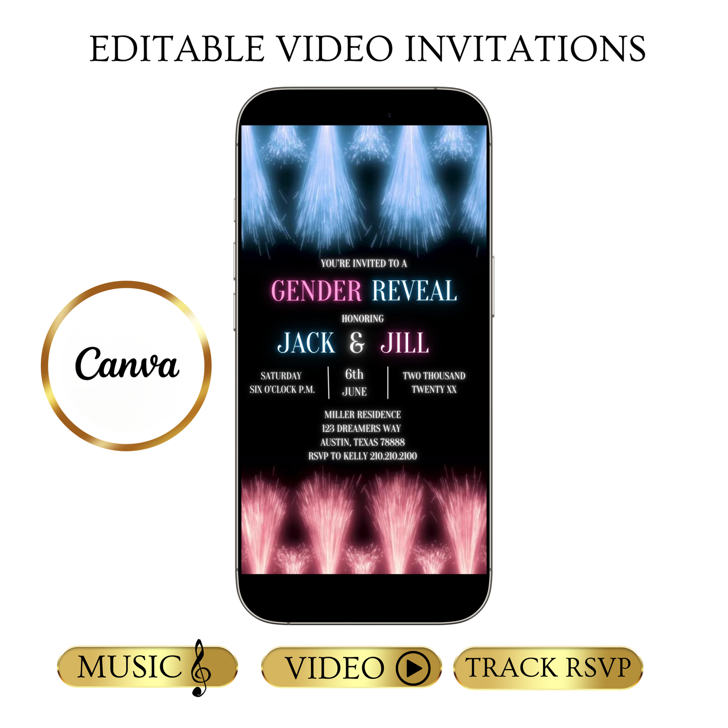 Editable fireworks gender reveal event video invitation displayed on a mobile phone, featuring an animated vertical digital invite with music, created in Canva. This premium video invitation template is designed for sharing by text, email, and social media and works with an interactive RSVP website for easy guest response tracking.