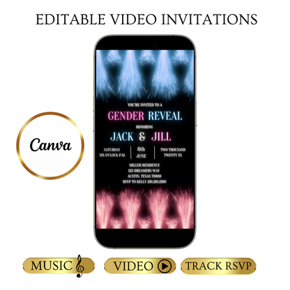 Editable fireworks gender reveal event video invitation displayed on a mobile phone, featuring an animated vertical digital invite with music, created in Canva. This premium video invitation template is designed for sharing by text, email, and social media and works with an interactive RSVP website for easy guest response tracking.